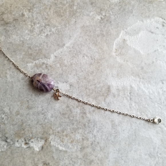 New Handmade gemstone sterling silver bracelet, purple stone and flower charm - Picture 3 of 6